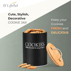 D'Lifeful Cookie Jar with Airtight Bamboo Lid – 1.1 Gallon Cute and Decorative Cookie Storage for Kitchen Countertop – Farmhouse Storage Tin for Freshness – Great Gift Idea (Black)
