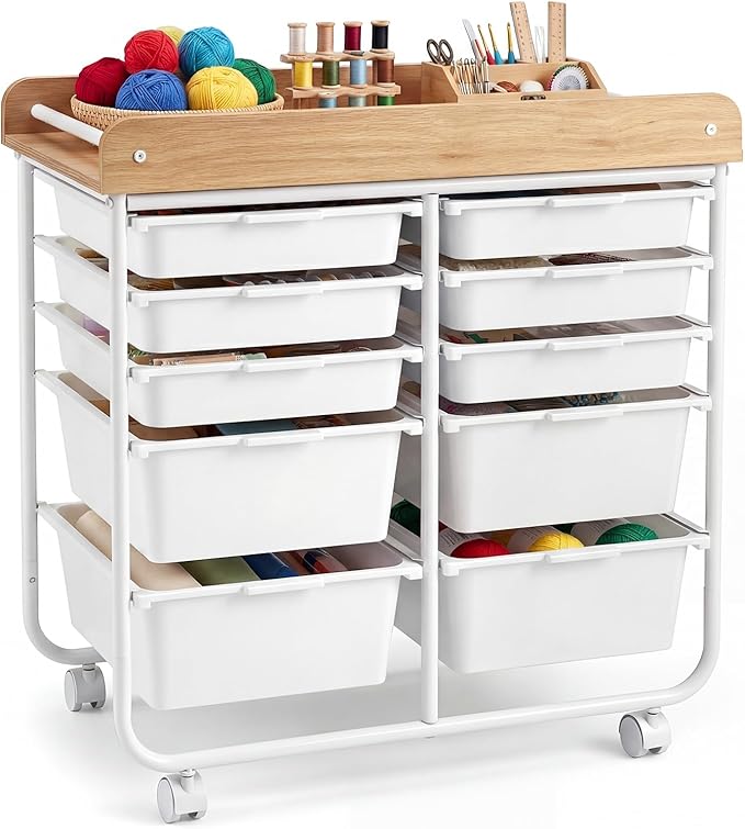 GOFLAME 10-Drawer Rolling Storage Cart, Craft Storage Cart with Wooden Tabletop, Lockable Wheels and Handles, Art Cart Supply Storage Organizer with Metal Frame for Home Office Classroom, White
