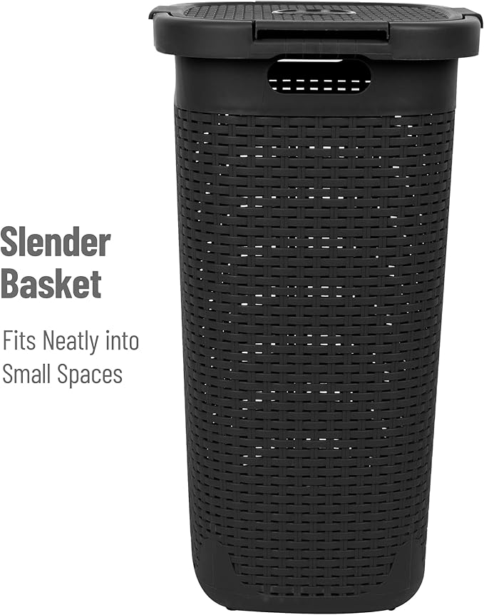 Mind Reader Slim Laundry Hamper with Lid, 60L Tall Clothes Basket, Narrow Tapered Design for Bathrooms, Closets and Laundry Rooms, Plastic, 2 Pack, Black