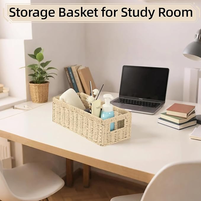 2 Pack Paper Rope Wicker Baskets with Handles, Storage Wicke Baskets for Shelves Organizing, Natural Color Toilet Basket Tank Topper, Small Woven Baskets for Storage, 14.17x6.1x4.72in