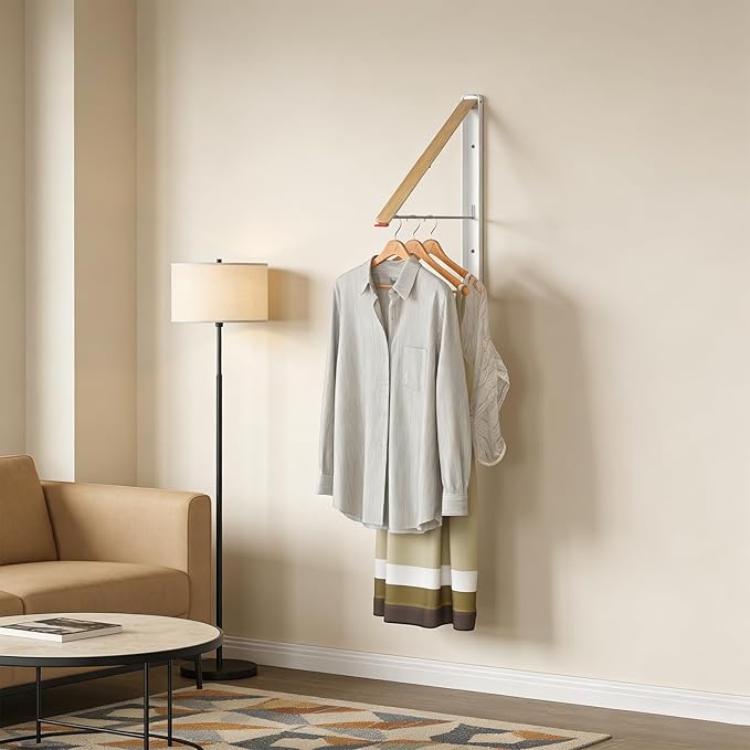 Clothes Drying Rack Wall Mounted for Laundry, Retractable & Foldable Clothes Hanger, Indoor Outdoor Wall Dryer Rack Organization for Dorm, Closet, Apartment, Balcony, Laundry, Rv, Alcove, Wood