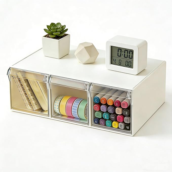 Stackable Drawer Organizer with 3 Drawer, Desktop Clear Storage Box for Stationary, Makeup, Jewelry, Office Craft Supplies