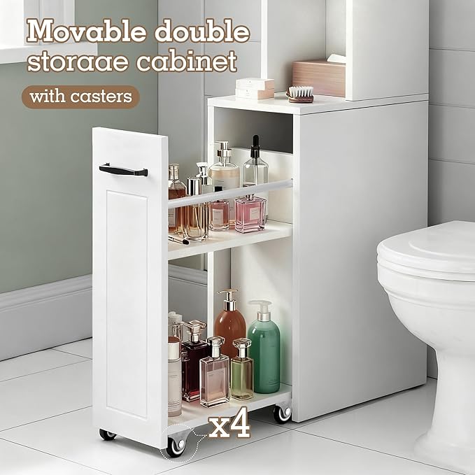 Extendable Rolling Drawer-Style Toilet Storage Cabinet. Conveniently Mobile. Sliding Storage Doors. Adjustable Shelving. Compact Bathroom Storage. Toilet Paper Holder. Bathroom, Toilet, Laundry Room
