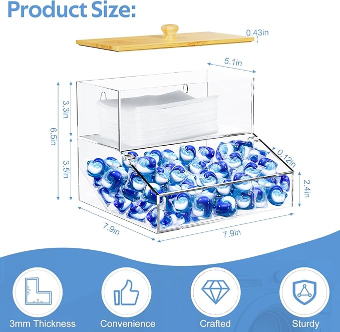JYPS 2-in-1 Laundry Organizer with Large Capacity: Double-Layer Transparent Acrylic Storage Box with Bamboo Lid for Pods, Dryer Sheets & Supplies