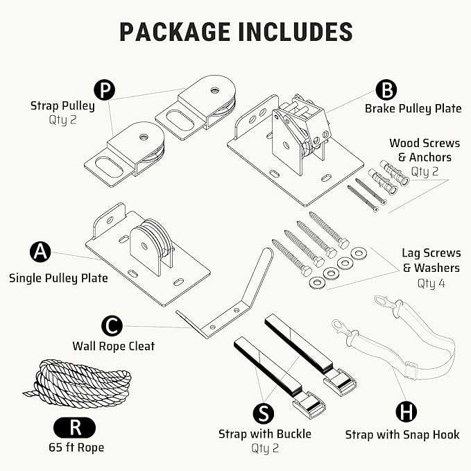 Ladder Hoist for Garage Ceiling with Metal Pulley System Holds 150 lbs, 5.5" Low-profile Self Locking Storage Lift, Parallel or Perpendicular Mounted