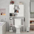 Vabches Farmhouse Over The Toilet Storage Cabinet with 2 Barn Doors & Sliding Door, Over The Toilet Bathroom Organizer with Open Storage Layer and Adjustable Shelves & Hooks.White
