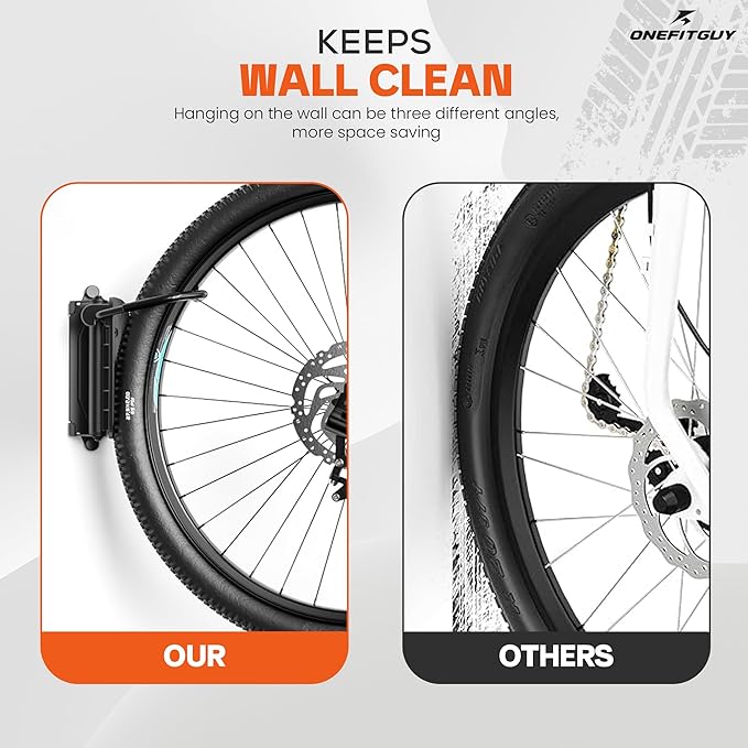 Foldable Bike Rack 1-Pack, Space Saving Vertical Bike Wall Mount with Adjustable 150° Rotating Hanger, Easy Garage, Indoor, or Shed Installation