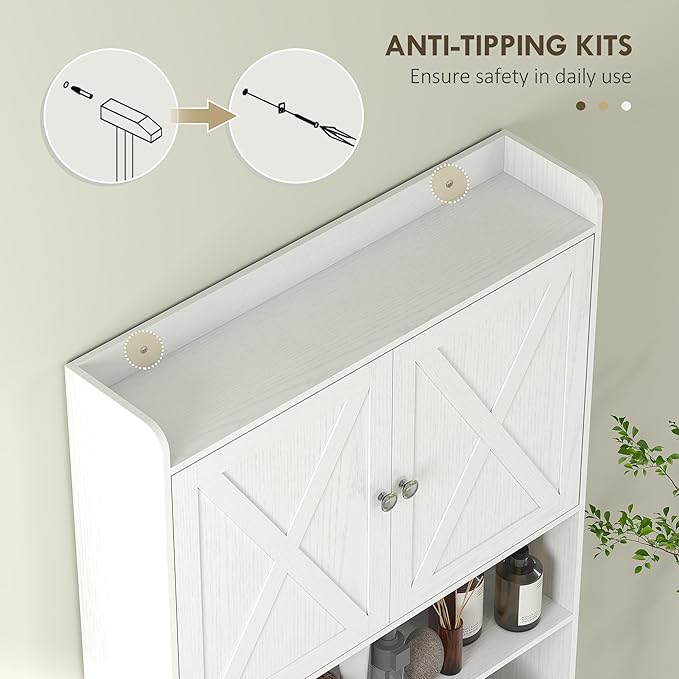 HOMCOM Over the Toilet Storage Cabinet, Farmhouse Above Toilet Bathroom Organizer with Barn Doors, Adjustable Shelf, Toilet Paper Holder, Freestanding Space Saver for Laundry, Distressed White