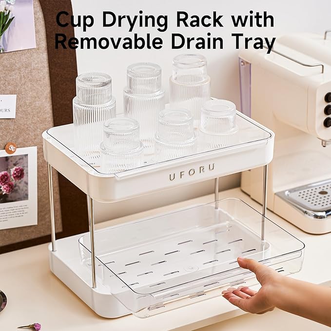 Countertop Coffee Station Organizer| 2-Tier Whisky Glass Holder, Mug Drying Rack with Removable Drain Tray - Easy to Install, Clean - Matcha Station Shelf for Kitchen, Bathroom Counter Organzier