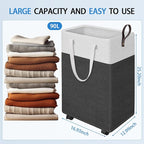 HomeHacks Laundry Basket with Wheels, Rolling Laundry Hamper, Collapsible & Waterproof Clothes Hamper, Narrow Corner Bins with Extended Handles in the Family & Dorm 90L(Grey)
