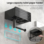 Modern Wall-Mounted Toilet Paper Holder with Storage Shelf, Black Bathroom Tissue Dispenser with Wipes Container, Multi-Function Organizer