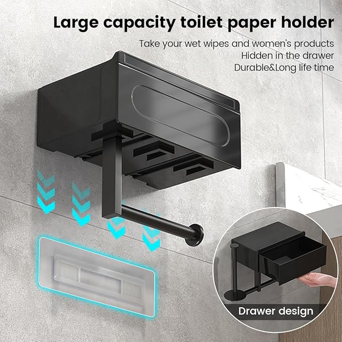 Modern Wall-Mounted Toilet Paper Holder with Storage Shelf, Black Bathroom Tissue Dispenser with Wipes Container, Multi-Function Organizer
