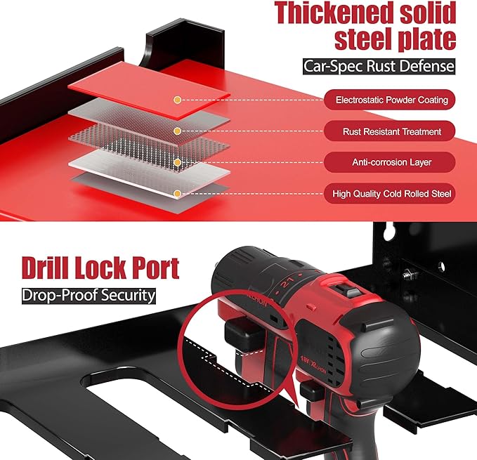 Power Tool Organizer Wall Mount with 4-Outlet Power Strip, Heavy Duty Metal Storage Rack for Garage, Holds 6 Drills & Batteries - Ideal Christmas Gifts for Men, Dad, Husband from Wife