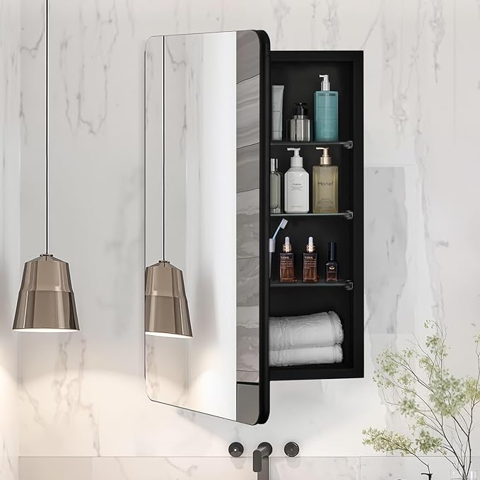 VEVOR Medicine Cabinet, 16 x 24 inch, Medicine Cabinet for Bathroom with Mirror, Aluminum Frame Bathroom Wall Cabinet, 2-Layer Adjustable Shelves, Recessed & Wall-Mounted Installation