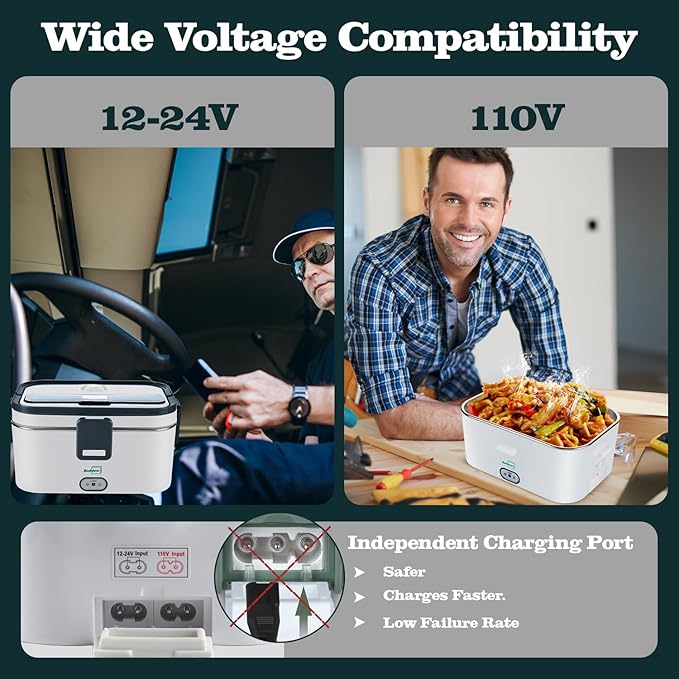 Buddew Electric Lunch Box for Adults, 80W Heated Lunch Box 1.8L Stainless Steel Portable Food Warmer,12/24/110V Lonchera Electrica Portatil for Travel & Work, Loncheras para Hombres de Trabajo(Gray)