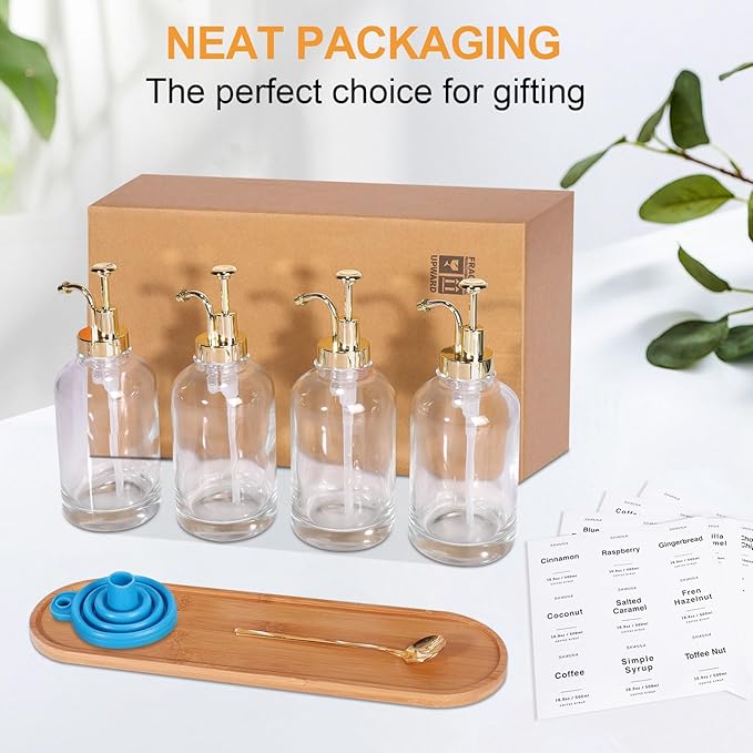 Coffee Syrup Dispenser for Coffee Bar, 16.9oz 500ml Glass Syrup Dispenser w Golden Coffee Scoop, Coffee Syrup Pump Dispenser w 36 Labels and Bamboo Tray, Coffee Syrup Bottles with Golden Pump, 4PCS