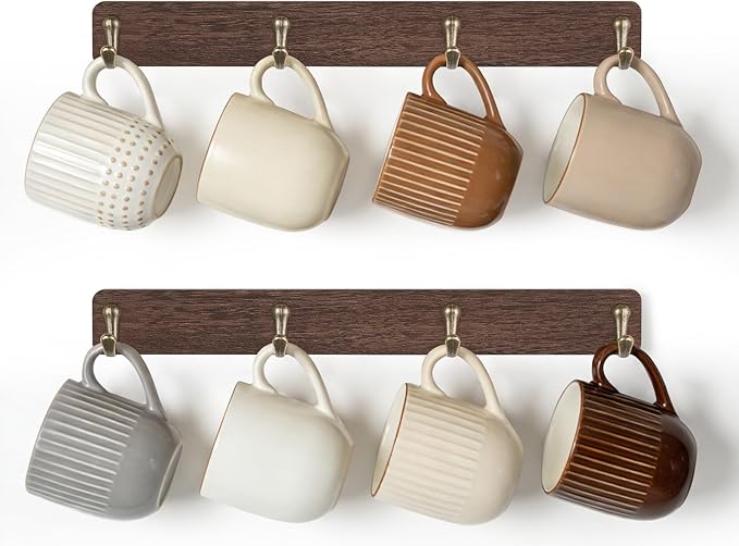 Mkono Coffee Mug Holder Wall Mounted Rustic Coffee Mug Rack with 8 Hooks Metal Display Shelf Wooden Tea Cup Organizer Hanger for Kitchen Dining Room Cabinet Coffee Bar,Set of 2