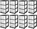 Sterilite 8 Pack Plastic Storage Organizer, 3 Drawer Rolling Bin Cart, Closet Organization, Black