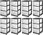 Sterilite 8 Pack Plastic Storage Organizer, 3 Drawer Rolling Bin Cart, Closet Organization, Black