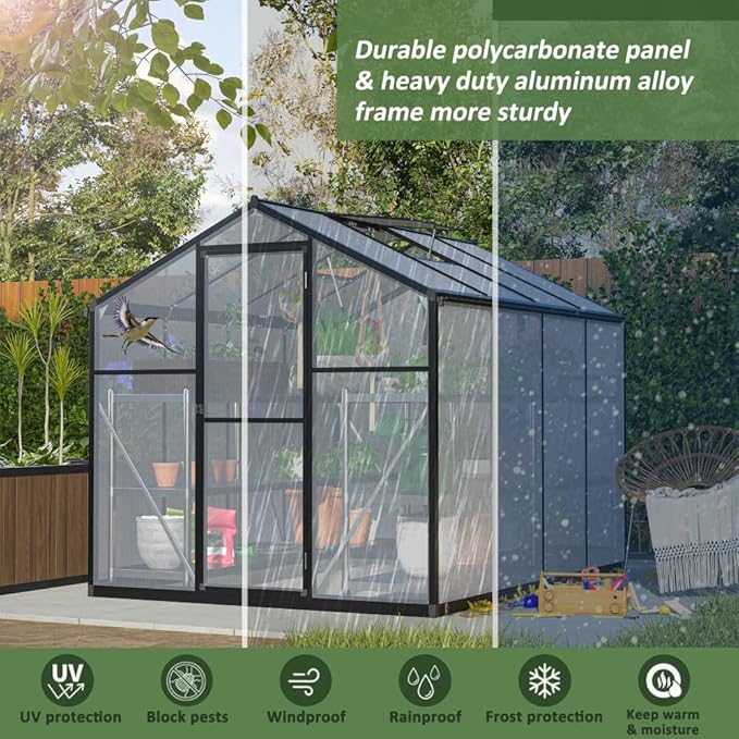 Heavy Duty Polycarbonate Greenhouse with Ventilation Windows and UV Protection for Backyard Garden Growing (6x8 FT)