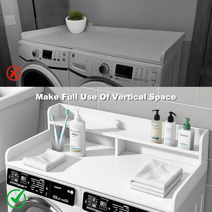 2-Tier Washer Dryer Countertop with 2.8" H Edge Rails, 54" W x 27.5" D Wood Laundry Table for Folding Clothes, Top of Washer and Dryer Organizer Shelf, White