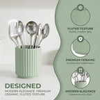 Kitchen Holder for Cooking Utensils, Kitchen Crocks for Storing Utensils (H5.51” x W4.92”), Flatware & Utensil Storage Spoon Stand Ceramic, Includes Silicone Drying Mat Milk Tea Color
