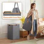 Lifewit 150L Laundry Basket with Lid, Clothes Hampers for Laundry with Bamboo Handles and 2 Removable Bags, Large Foldable Laundry Hamper for Bedroom, Bathroom, Dorm, Grey