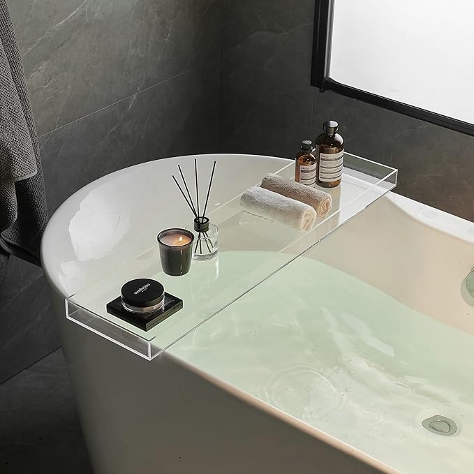 SHUNLI Clear Bathtub Caddy Tray, Bath Tub Tray Shelf Table, Bathroom Shower Caddy Tray, Acrylic