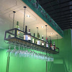 Ceiling Wine Glass Rack - Hanging Wine Rack with Glass Holder and Shelf, Height Adjustable Industrial Hanging Wine Bottle Holder, Black Metal Ceiling Shelf for Bar Cafe Kitchen (71×9.8×8.6in)