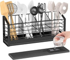 Extra Large Utensil Holder for Kitchen Counter, Kitchen Cooking Utensil Holder Organizer Kitchen Utensil Racks with Drying Base Cooking Tools Storage for Countertop Sink Cutlery Holder, 4 Compartments