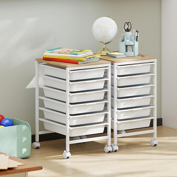 GOFLAME 6-Drawer Rolling Storage Cart, Craft Storage Cart with Wood Tabletop and Lockable Wheels, Art Cart Supply Storage Organizer with Metal Frame for Home Office Classroom, White