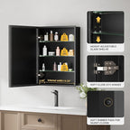 16x26 Pre-Assembled Black Medicine Cabinet with Mirror, Surface or Recessed Medicine Cabinet Mirror for Bathroom, Aluminum Beveled Frame Bathroom Vanity Mirror with Adjustable Shelves Storage