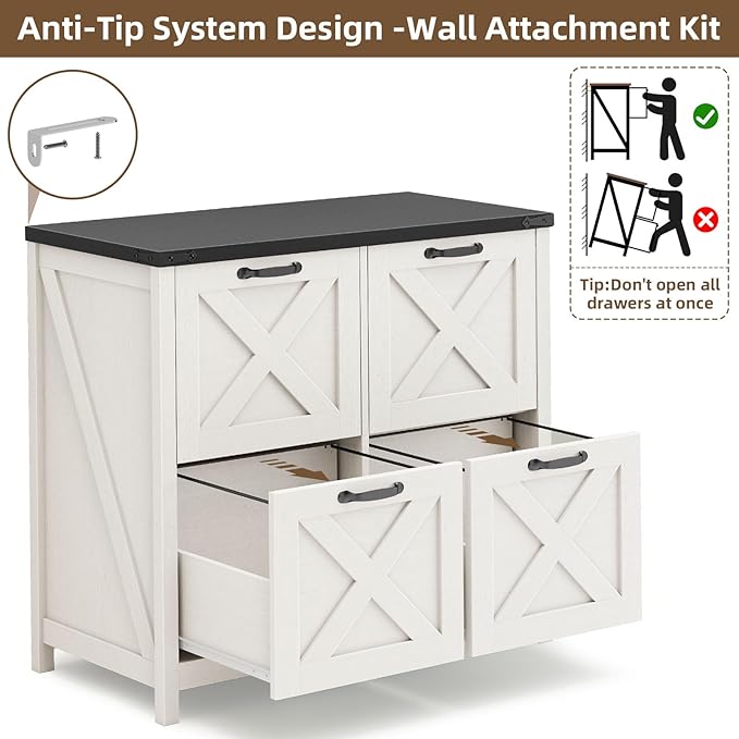 Lateral File Cabinet with 4 Drawers, Farmhouse File Cabinet for Letter/A4 Size Hanging Files, Large Wood File Storage Cabinets Printer Stand for Home Office Cabinets, Rustic White and Black