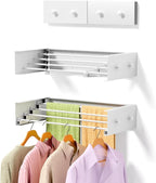 Upgrade Small Wall Mounted Drying Rack with 4 Hooks, 23.6" Compact Foldable Laundry Rack for Apartment, Space Saving Collapsible Design, Includes Template for Small Bathroom & Balcony (White)