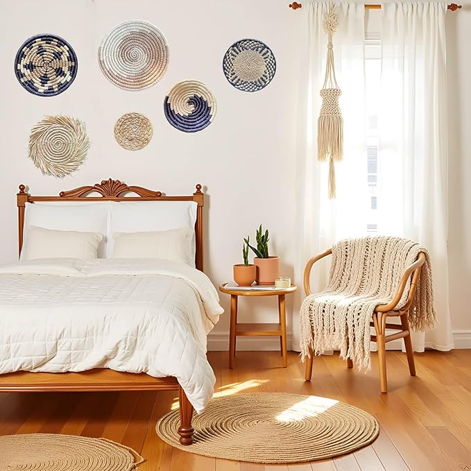 Laquedecraft Boho Round Handmade Wall Basket Decor | Woven Seagrass Rattan Wicker Wall Decor Hanging Rustic Flat Elegant Wall Art for Farmhouse Living Rooms Bedrooms Display Table Settings Kitchen Home (Bohemian, 6)
