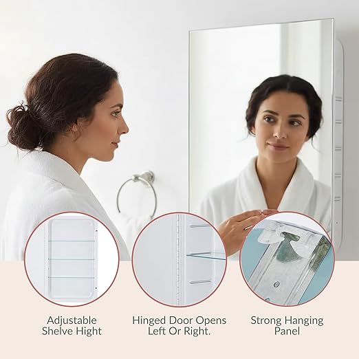 Hamilton Hills 16x26 Inch White Recessed Bathroom Medicine Cabinet with Mirror - Beveled Bathroom Cabinet Organizer with Shelves - Farmhouse Wall Mounted Hanging Medicine Mirror Unit