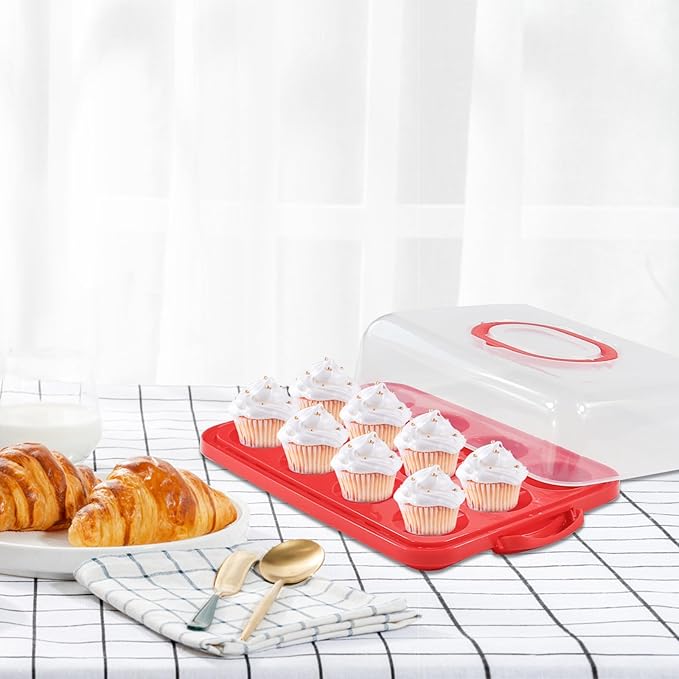 Cake Carrier with Lid, Cake Holder Cupcake Container for 12 Cupcakes 2 in 1 Portable Dessert Container for Pie Muffin Cobbler (Red)
