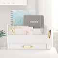 Wooden Desk Organizer,Desktop Organizer File Sorter for Office Supplies, Mail Organizer with Drawer,Desk Accessories & Workspace Organizers for Women （White）