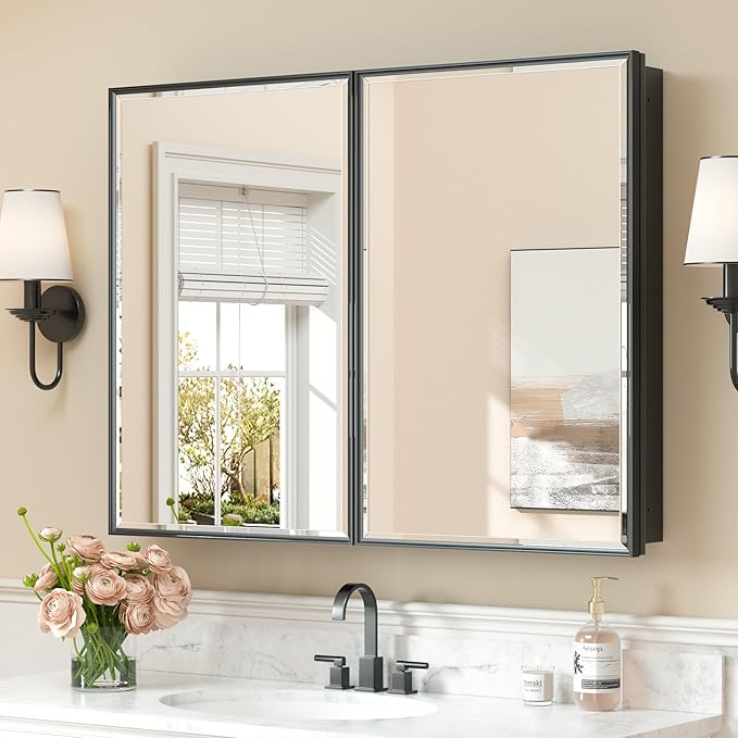 Keonjinn 40” x 30” Black Bathroom Medicine Cabinets with Mirror Recessed or Surface Wall-Mounted Aluminum Alloy Framed Beveled Mirror with Soft Close Hinge, 2 Doors Modern Bathroom Mirror with Storage