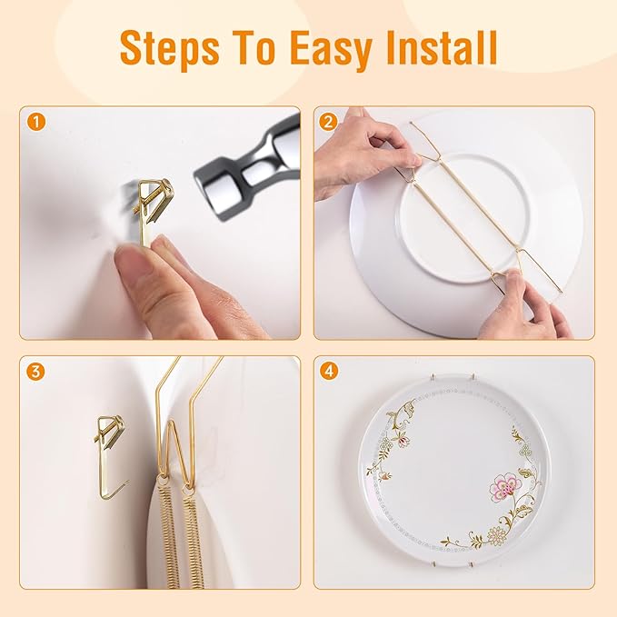 Bilillo 12 Pieces Invisible Wall Plate Hangers 6/8/10 Inches Wall Plate Hangers Stainless Steel Decorative with 12 Pieces Hook with Nails Suitable for 6-11 inch Decorative Antique and Arts(Gold)