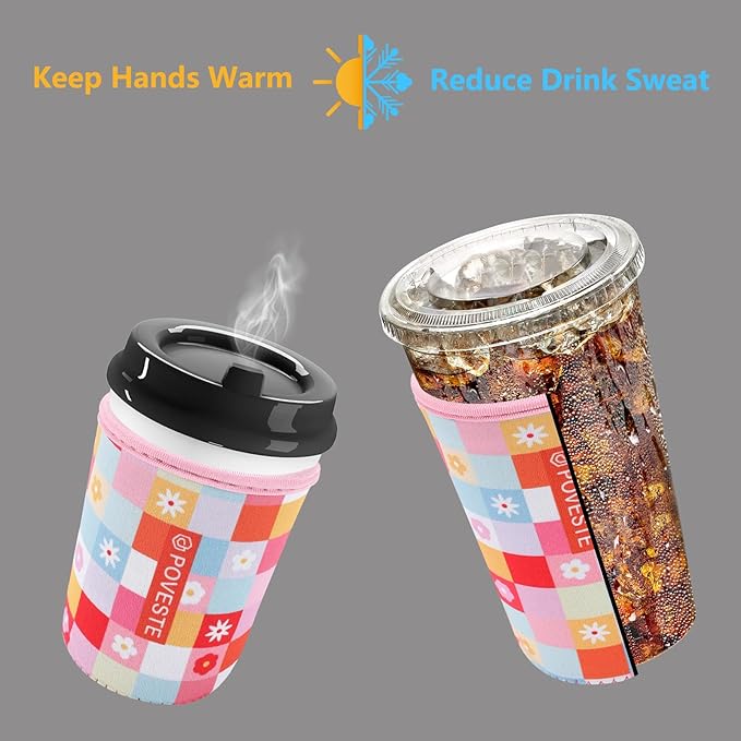 Reusable Neoprene Insulator Sleeve for Iced Coffee & Cold Soda, Coffee Sleeves for Iced & Hot Drinks, Cold Beverage Cooler Compatible with Starbucks, Dunkin (Boho Floral, Small: 16-18oz)