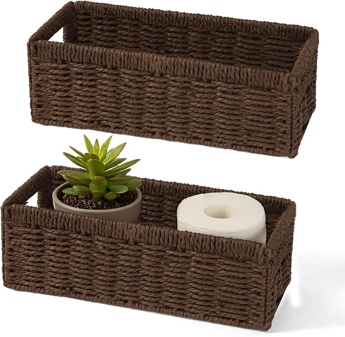 Paper Rope Wicker Storage Baskets with Handles, 2 Pack Foldable Storage Basket, Rectangle Wicker Basket, Small Wicke Baskets for Pantry Shelves, Toilet Paper Storage Basket for Bathroom, Brown