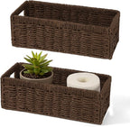 Paper Rope Wicker Storage Baskets with Handles, 2 Pack Foldable Storage Basket, Rectangle Wicker Basket, Small Wicke Baskets for Pantry Shelves, Toilet Paper Storage Basket for Bathroom, Brown