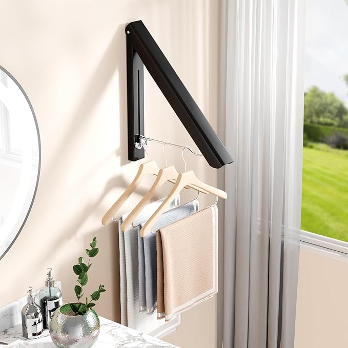 BAKON 2 Pack Clothes Drying Rack Foldable Collapsible, Folding Laundry Rack Wall Mounted Retractable Clothes Hanger for Laundry Room, Indoor & Outdoor Use, Easy Installation, Aluminum (Black)
