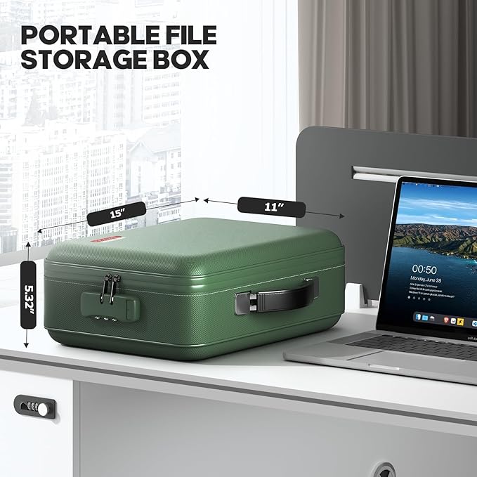 Fireproof Document Box, Hard Case Highly Flame-Resistant Fire Proof Waterproof File Organizer with Lock, Portable Fire Safe for Important Documents & Valuables Storage (Green, ‎15"*11"*5")