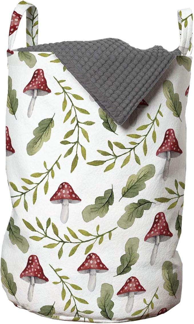 Ambesonne Mushroom Laundry Bag, Watercolor Pattern Green Leaves Forest Elements Botanical Woodland Theme, Hamper Basket with Handles Drawstring Closure for Laundromats, 13" x 19", Green Ruby