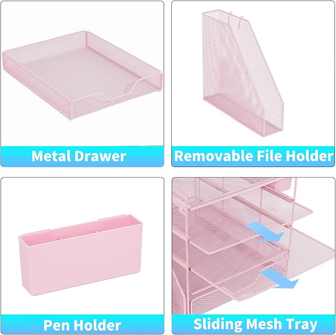 Desk Organizer, 5-Tier Paper Letter Tray Organizer with File Holder, Drawer and Pen Holder, Desktop Organizer for Office Supplies, Pink