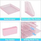 Desk Organizer, 5-Tier Paper Letter Tray Organizer with File Holder, Drawer and Pen Holder, Desktop Organizer for Office Supplies, Pink