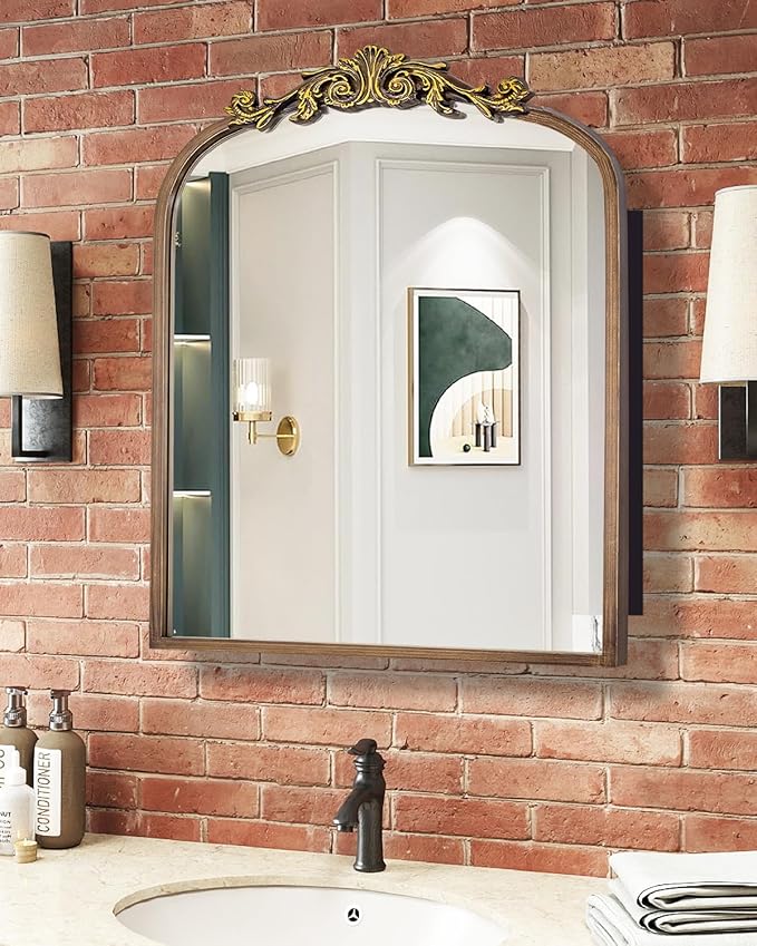 24x30 Inch Bathroom Medicine Cabinet Surface Mounted, Bronze Arched Medicine Cabinet with Mirror, All-Metal Black Medicine Cabinets with Hand-Painted Aluminum Door Frame, 2 Stable & Removable Shelves