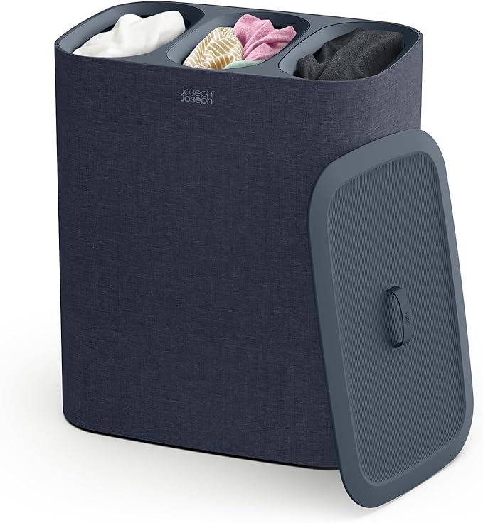 Joseph Joseph Tota Trio 90 liter/23.8 gallon Laundry Hamper Separation Basket with lid, 3 Removable Washing Bags with Handles- Dark Blue